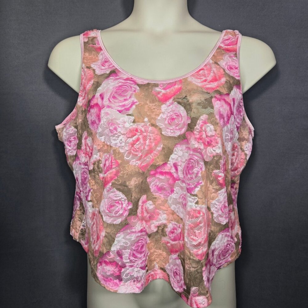 Vintage 90s Sleeveless Lace mesh Lingerie Top Womens Size 3X Pink Rose Print